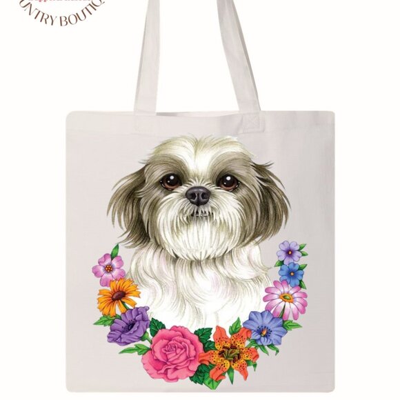 Shih Tzu Dog & Flowers 2-Sided Canvas Tote Bag - Picture 1 of 2